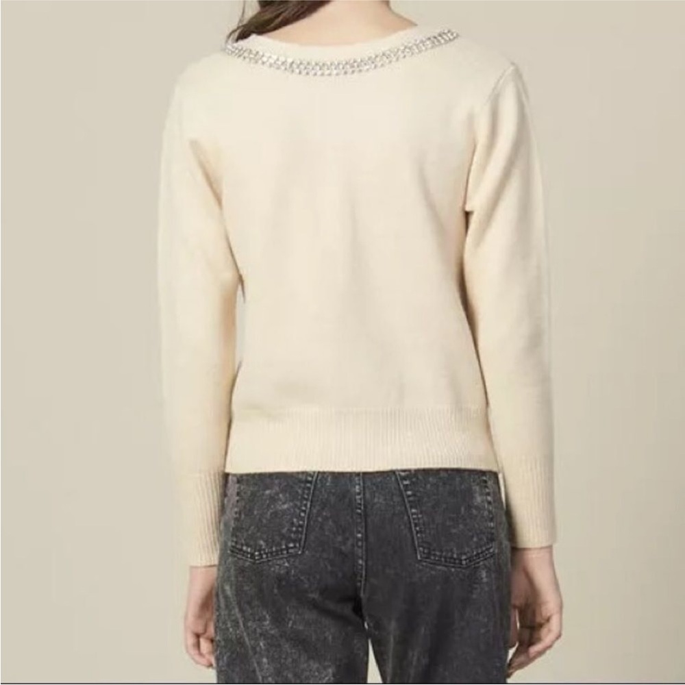 Sandro Paris Cream V-Neck Sweater with Rhinestone Neckline 2 - Picture 3 of 6